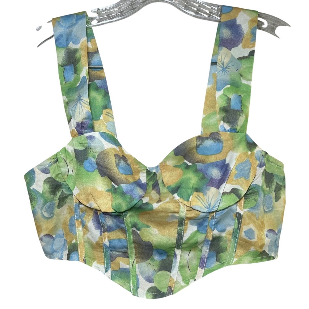 Cider Floral Corset Top Medium Sleeveless Green Blue Yellow Smocked Back‎